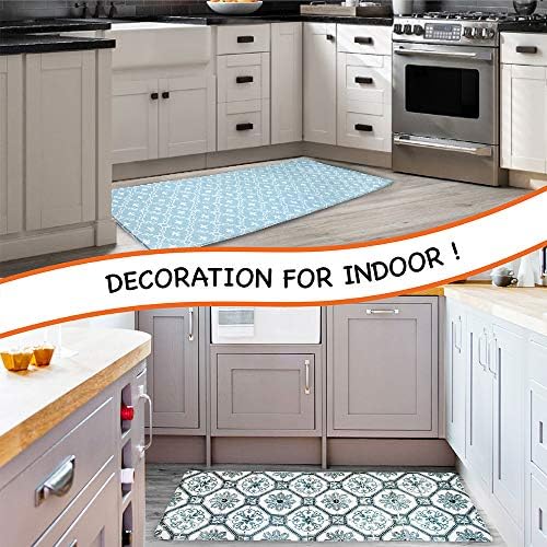 OPUX Anti Fatigue Kitchen Floor Mat, Reversible Cushioned Memory Foam Kitchen Rug Pad, Waterproof Non-Slip Padded Comfort Standing Mat Office Laundry Home, 47x17 (Floral Tile Blue)