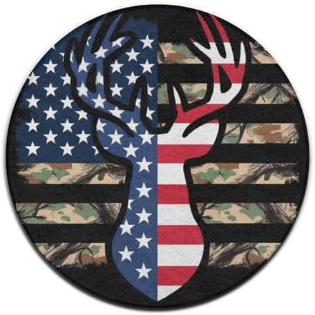 Women's Large Home Decor Mat, Soft Round Yoga Carpet, Non Slip Machine Washable Home Office Circle Rug Camo Deer Hunting Camouflage USA Flag