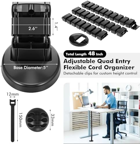 Yaomiao 4 Pack Under Desk Vertebrae Cable Management Kit Standing Desk 48'' Adjustable Quad Entry Flexible Cord Organizer with Ties, Stick-on Clips Cable Management Set for Home User Office Worker