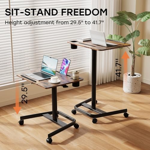 JOY worker Mobile Sit Stand Desk, 60° Tiltable Portable Desk, Rustic Brown