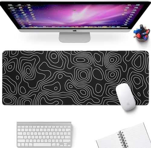 Black Topography Contour Gaming Mouse Pad Large Anime Topographic Map Mousepad Extended Mouse Pad Gaming Big Desk Pad Keyboard Pad with Stitched Edge Non-Slip Rubber Base