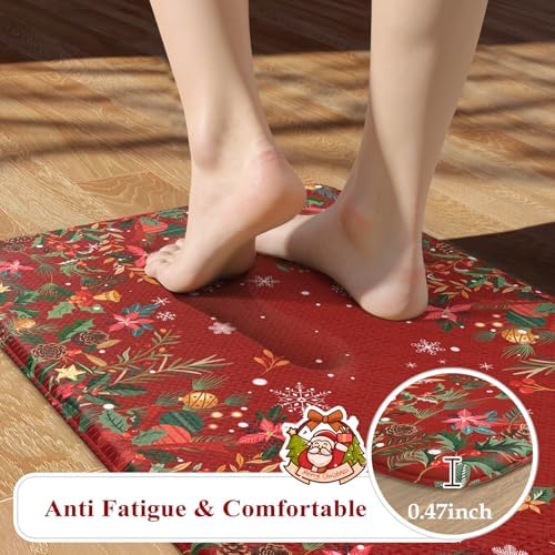 KIMODE Christmas Decor Kitchen Mats for Floor Anti Fatigue, Boho Vintage Kitchen Rugs Sets of 2, Cushioned Kitchen Floor Mats, Comfort Standing Mat for Sink Laundry Office Desk 17"x47"+17"x29" Red