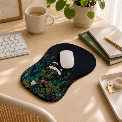 Ergonomic Mouse Pad with Wrist Rest, Mouse Pad with Memory Foam Massage Support, Non-Slip PU Base, Comfortable Typing Cushion for Home Office Computer Laptop, Flowers Grass