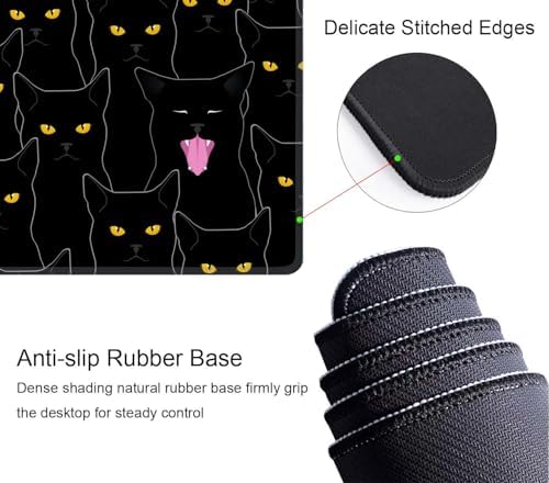 Cats Large Mouse Pad Desk Pad Black Desk Accessories for Women Men Office Decor Laptop Keyboard Mouse Mat XL Mousepad 31.5''X11.8'' Non-Slip Rubber Base with Stitched Edges
