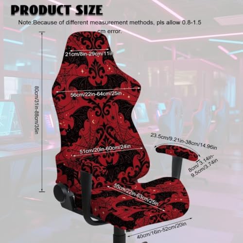 Gaming Chair Cover Stretchable Game Chair Slipcovers with 2 Armrest Covers, Scratch-Proof Gamer Desk Chair Covers for Computer Office Seat Red Bat Gothic