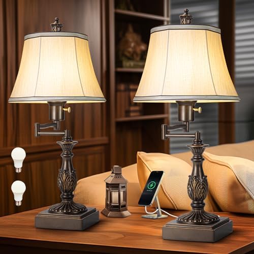 Scenekoy 350° Swing Arm Table Lamp Set of 2 with USB Ports for Bedroom