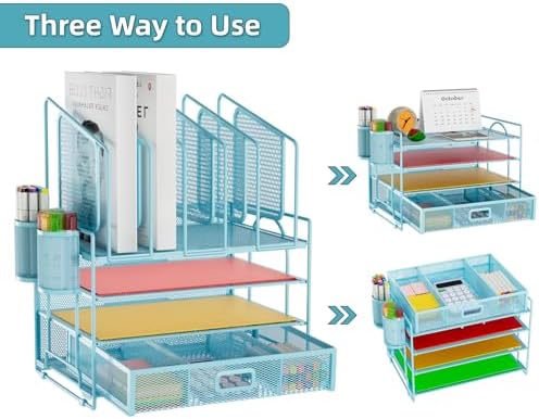 Marbrasse Desk Organizers, 4-Tier Mesh Desk File Organizer with 5 Vertical File Holders and 2 Pen Holders, Multifunction Desktop Organizer,Desk Organizers and Accessories for Home Office (Blue)