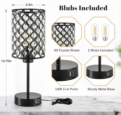 GyroVu Black Crystal Bedside Table Lamps Set of 2 with USB C+A Ports