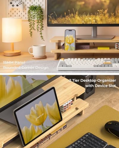 23” Bamboo Monitor Stand with Phone & Tablet Holder Desk Shelf