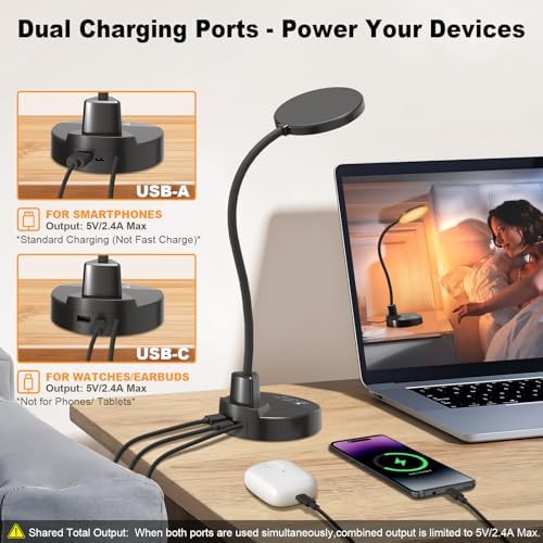 15W LED Desk Lamp with USB Charging Ports, [Button & Remote Control] Dimmable Table Lamp with 3 Color Modes, 5 Brightness Levels, 4 Timers, Flexible Reading Light for Home Office, Bedroom, Kids Study