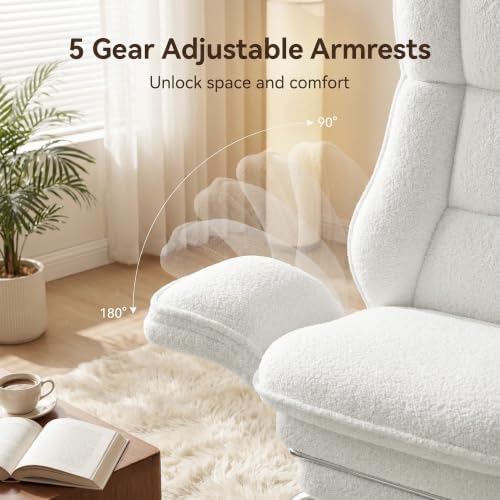 Criss Cross Office Chair with Flip Armrests, Big and Tall Criss Cross Chair with 6.7″ Plush Seat & Footrest, 135° Reclining Cross Legged Office Chair, Sherpa Fleece,White