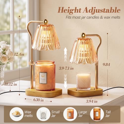 Candle Warmer Lamp with Timer Dimmer, Modern Wax Warmer for Scented Wax Jar, Striped Glass Candle Warmer, Adjustable Height Glass Lamp for Gifts for Women, Home Decor, Amber