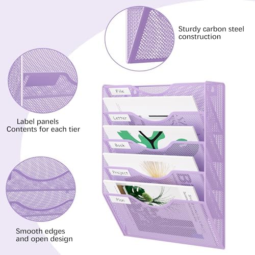 EasyPAG Wall File Organizer 5 Tier Hanging Paper Folder Holder, Zero Assembly Metal Mesh Wall Mounted Mail Organizer for Office Home Classroom Narrow Spaces, Puple
