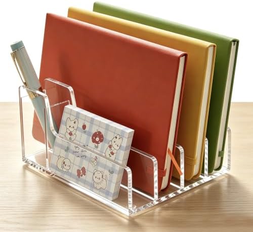 Acrylic Mail Organizer for Desk, 5 Compartments Letter Sorter with Pen Holder, Clear Desktop File Folder & Notebook Holder, Cute Office Supplies Organizer for Home Office School