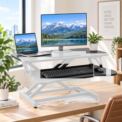 Standing Desk Converter, Adjustable Dual Monitor Riser, White