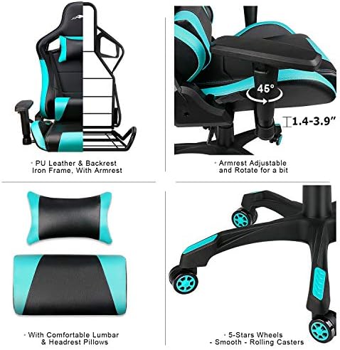 Leopard Gaming Chair, High Back PU Leather Office Chair, Adjustable Video Gaming Chairs, Swivel Racing Chair with Adjustable Armrest (Black/Light Blue)