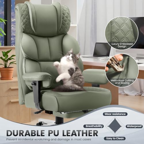 BestGlory Office Desk Chair, Big and Tall Leather Gaming Chair with Footrest, Wide Ergonomic Comfy Executive High-Back Reclining Computer Chairs, Swivel Rolling Wheels and Padded Lumbar Support, Green