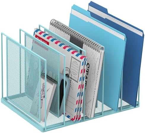 File Organizer for Desk, 5-Section Vertical File Sorter, Paper Holder Organizer Standing Metal File Folder for Office Home Classroom, Blue