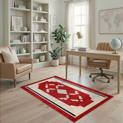 4'x6' Red Ivory Cat Crimson Boho Geometric Ultra-Soft Area Rug
