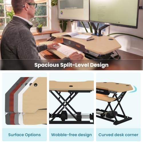 VERSADESK PowerPro Elite Smart Corner Standing Desk Converter, Electric Adjustable Desk Riser w/ Keyboard Tray, USB C Ports & App Control, Dual Monitor Stand for Home Office & Gaming, (Maple, 36")