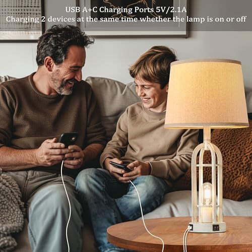 SRJJA 24" Farmhouse Table Lamps for Living Room Bedroom Set of 2, USB A+C