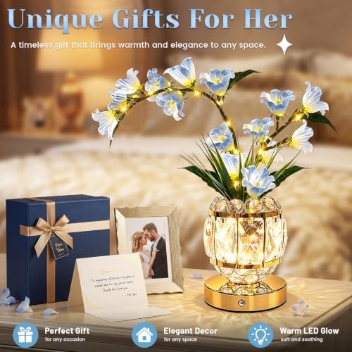 Lily Flower Lamps, Rechargeable Cordless Small Desk Lamp, 3 Colors Dimmable Artificial Flowers Night Light, Fake Bouquet 3 Lilies with Crystal Vase for Home Date Party Decoration (Blue - May Bells)