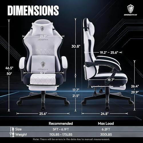 Dowinx Gaming Chair with Pocket Spring Cushion, Massage Lumbar Pillow & Footrest, Wide Seat with Padded Armrests, Breathable Fabric, Reclining Computer Chair for Home Office-Black and Gray