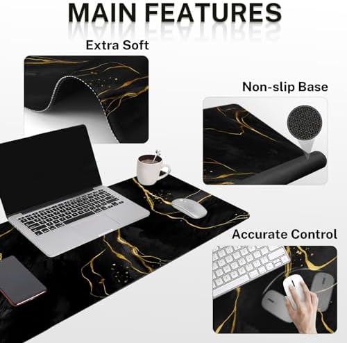 Britimes Keyboard Mouse Pad Set, 4 in 1 Desk Mat Set, Marble Black Gold