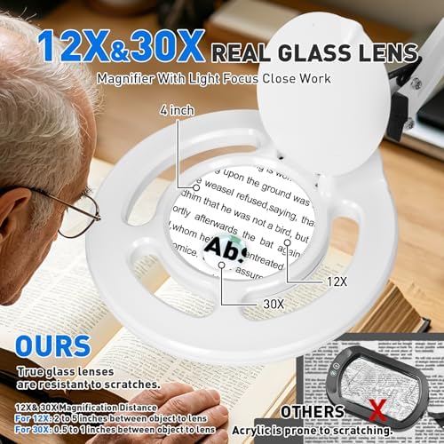 KIRKAS Magnifying Glass with Light, 2,200 Lumens Magnifying Lamp 12X 30X