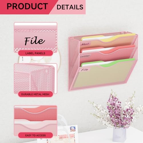 3 Pockets Hanging Wall File Organizer Mail Holder, Wall Mounted Paper Document Folder Holder, Clipboard Storage Organization Magazine Rack, Pink