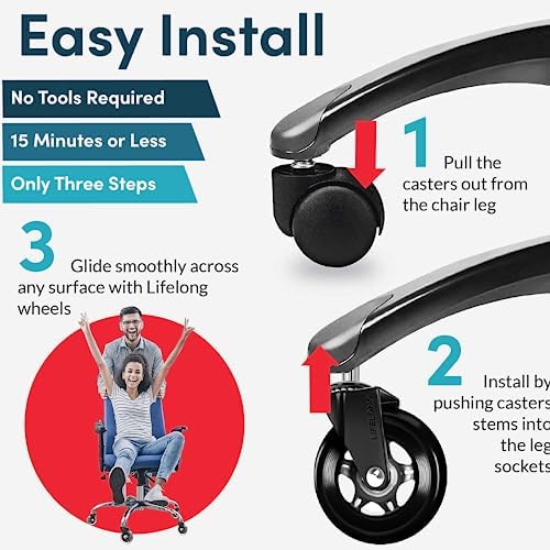 Lifelong Office Chair Wheels Replacement, Heavy Duty, 5-Pack, 98% Fits