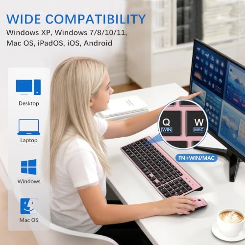 Wireless Keyboard and Mouse Ultra Slim Combo, Dual System - Rose Gold Black