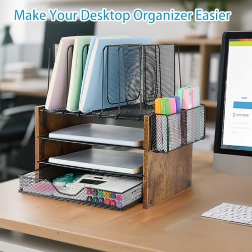 OPNICE Desk Organizer, 4-Tier Desktop File Organizer with Drawer and Pen Holders, Office Desk Accessories, File Sorters, Workspace Organizers for Office Supplies(Brown)