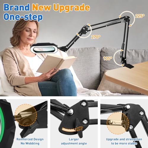 15X Rectangle 3-Section Magnifying Glass with Light and Clamp-Green