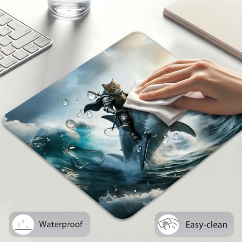 Cat Knight Riding a Shark Mouse Pad, Funny Fantasy Surfing Scene Desk Mat