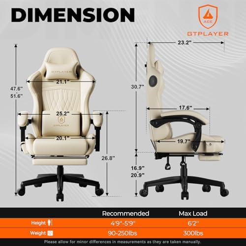 GTPLAYER ACE-PRO Music Gaming Chairs – Built-in Speakers, App Support & Bluetooth Control, Computer Game Chairs with Footrest for Adults, Ergonomic Reclining Silla, Linkage Armrest, Cream