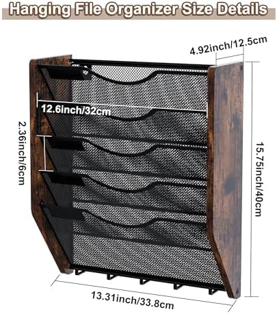 Wall File Organizer With Hooks, 5 Tier Mesh Mail Organizer Wall Mounted,Hanging File Organizer,Magazine Holder for Documents,Magazine,Literature,File,Mails,Envelopes