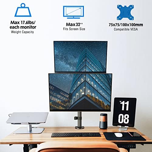 MOUNTUP Dual Monitor Stand, Vertical Monitor Mount for 2 Max 32 inch Stack Screen Monitors, Height Adjustable, Swivel, Tilt Monitor Desk Mount with C Clamp Grommet Base, Home Office
