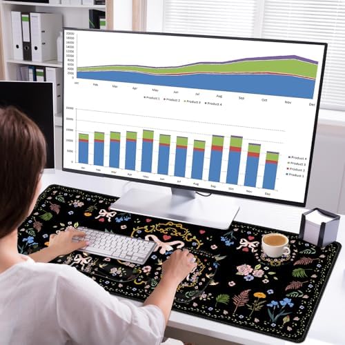 Mouse Pad with Wrist Support 4 in1 Set, XXL Big Game Mousepad + Keyboard Wrist Rest + Mouse Wrist Rest Pad +Coaster Gaming Mat for Home Office Work Computer Laptop I Vintage Floral Romantic Bow