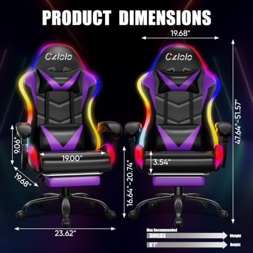 Czlolo Gaming Chair, RGB LED Lights Computer Chair with Footrest, Lumbar Support Massager Gamer Chair, High Back, 90-135° Reclining, Linkage Armrests, Purple