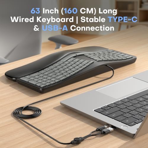 OMOTON USB-A Type-C Ergonomic Keyboard Wired with Cushioned Wrist Rest