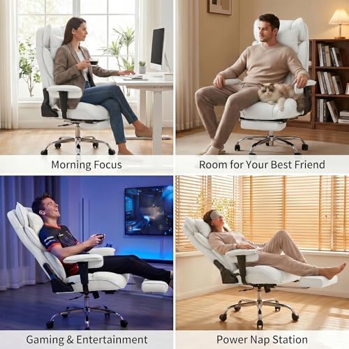 mokodo Big and Tall Office Chair 400lbs, Breathable Fabric Executive Desk Chair with Pocket Spring Cushion, 155° Reclining Computer Chair with Integrated Headrest & Lumbar Pillow (White)