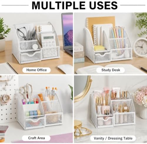 Exerz Desk Organizer 7 Compartments Metal Mesh Pen Holder Caddy White