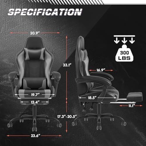 Shahoo Gaming Chair with Footrest and Massage Lumbar Support, Video Racing Seat Height Adjustable with 360°Swivel and Headrest for Office or Bedroom, Grey