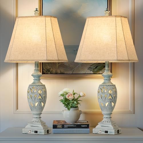 29.5"H Touch Control Traditional Table Lamp Set of 2,Vintage Bedside Lamp Nightstand Lamps with Dual USB Ports,3-Way Dimmable Hollow Out Leafwork Blue Washed Finish Desk Lamps for Living Room,Bedroom