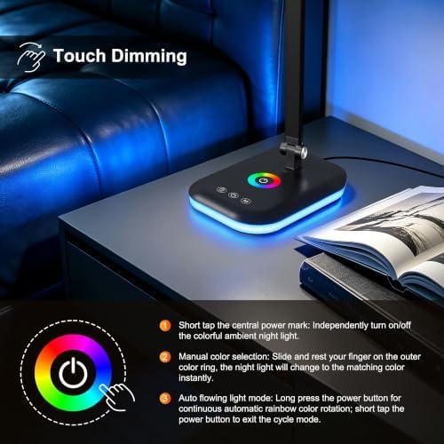 LED Desk Lamp,5 Color Modes, USB Charging Port for Home Office Dimmable Eye Caring Table Light with Timer for Work Study,Reading Lamp Touch Control with RGB,Flexible Rotation Design