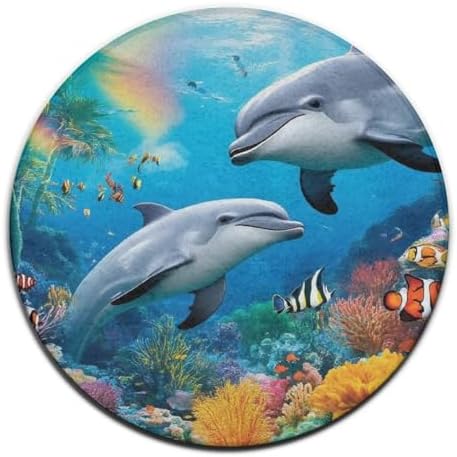 Room Sofa Yoga Soft Round Carpet, Home Decor Non Slip Kitchen Office Circle Rug, Machine Washable Modern Round Area Rug Blue Ocean Underwater World Dolphin Art, 24inch
