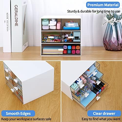 Desk Organizer with 5 Drawers, Rectangular Office Stationery Supplies Desktop Drawers, Plastic Makeup Storage, Suitable for Office, School, Home (White & 5 Drawers)