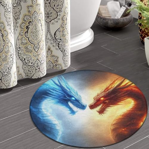 Fashion Round Area Rug Large Non Slip Carpet, Cool Blue Ice Fire Dragon Unisex Home Decor Mat