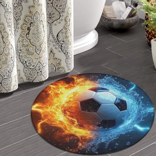 Fashion Round Area Rug Large Non Slip Carpet Unisex Home Decor Mat Water Fire Flame Football Soccer Ball Sport